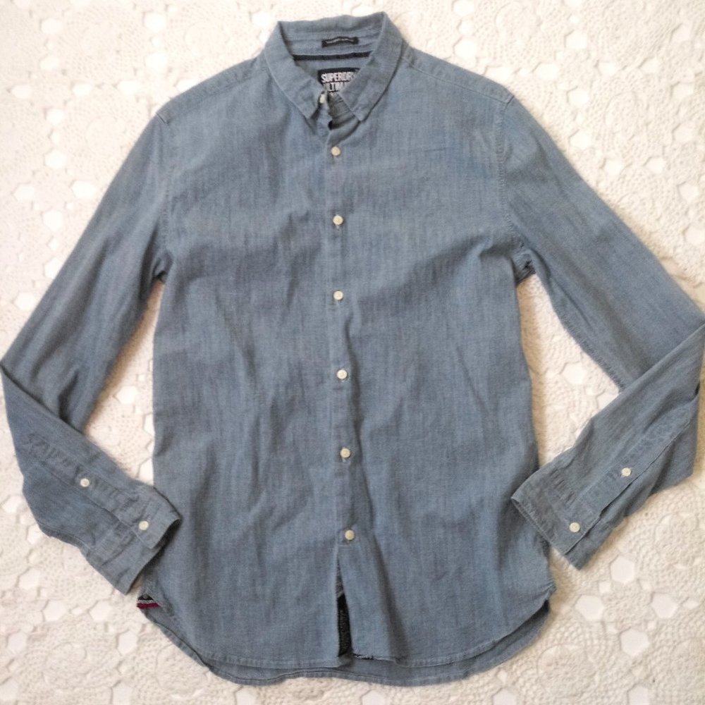 Superdry Button Up Shirt Slim Fit Indigo Blue Chambray Stretch Denim Medium Men